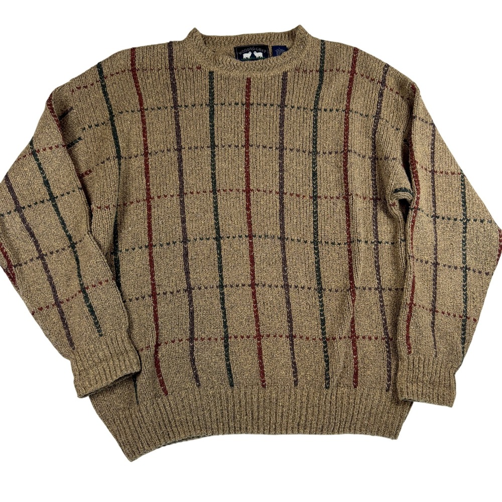 Woods & Gray Mens Silk Blend Grid Pattern Crewneck Sweater Tan Brown Large